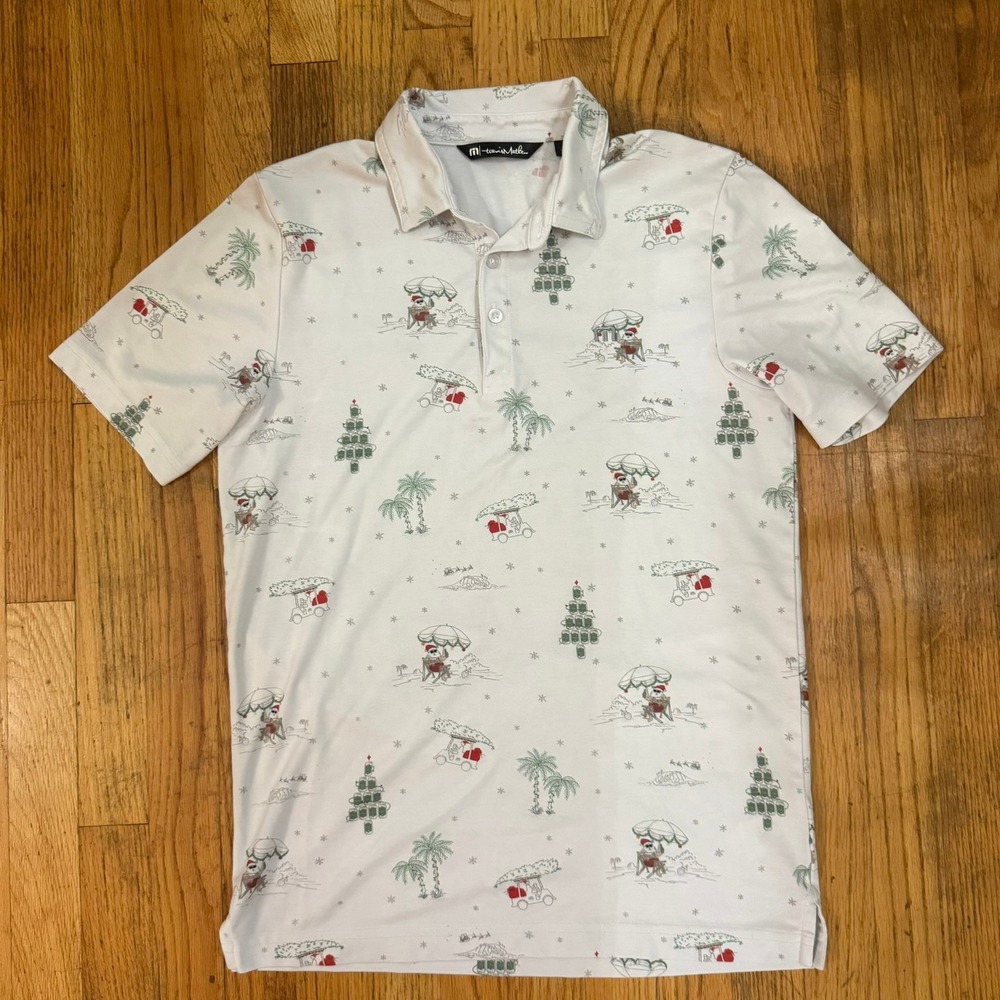 TravisMathew Holiday Magic Golf Polo Shirt Santa Palm Trees Mens S Christmas